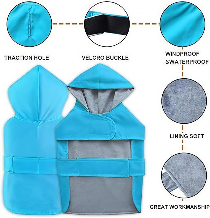 Dog Raincoat Dog Rain Jacket Poncho Waterproof Pet Rain Suit Double Layer Warm Lining Hooded Leash Hole Adjustable Puppy Small Medium Dogs,Blue,M