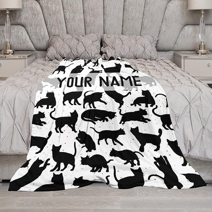 Personalized Cat Blanket Gifts with Name - 30"x40" Cute Throw Blanket for Adults Kids - Black Soft Plush Throws for Bed, Couch & Travel