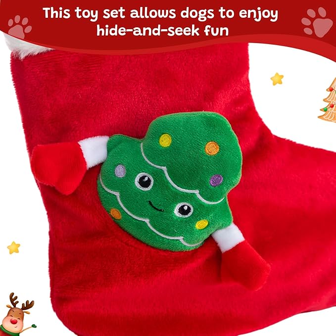 Hollypet Squeaky Dog Toy, Interactive Plush Hide and Seek Dog Toys for Small Medium Sized Dogs and Non-Aggressive Chewers, Puppy Teeth Clean Chew Toys, Christmas Stocking
