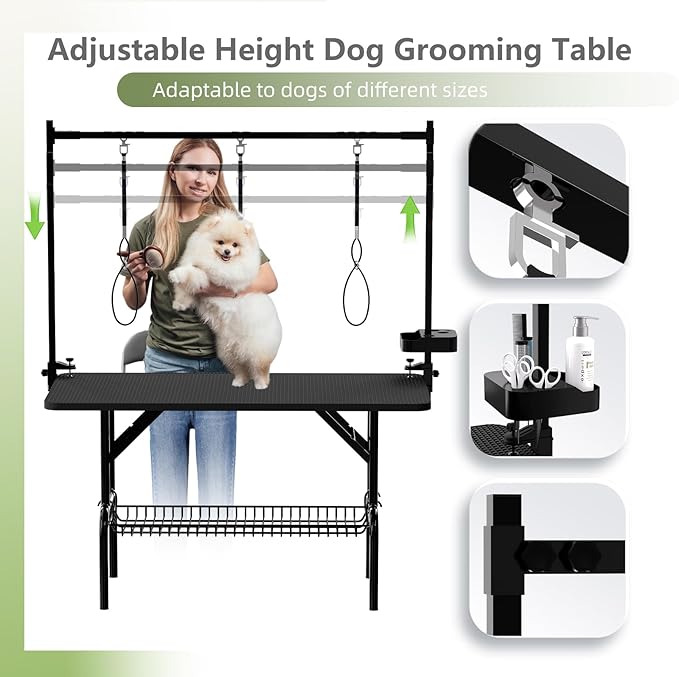 VFK 36''/47''Large Dog Grooming Table, Foldable Pet Station at Home, Dog Grooming Table,Adjustable Cat Drying Desktop with Arms, Nooses, Mesh Tray (Basic pet Table, 47" Black)