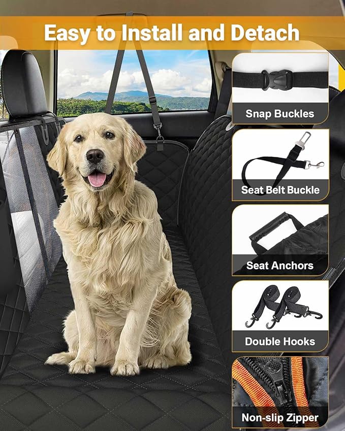 Dog Car Seat Cover, 600D Heavy Durable Dog Seat Cover for Back Seat, 100% Waterproof Scratch Proof Nonslip Dog Hammock for Car with Side Flap, Pet Back Seat Covers for Car with Seatbelt Black