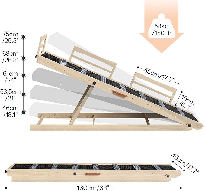 HOOBRO Dog Ramp for Bed, 63" Long Folding Pet Ramp with Non-Slip Mat and Safety Side Rails, 5 Height Adjustable up to 29.5", Wooden Dog Ramp for Couch, for Small/Large Dogs, Natural and Black NB46PT03