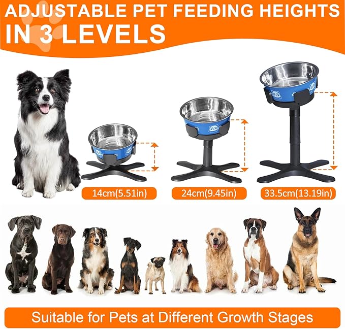 Elevated Dog Bowls 3 Height Adjustable Raised Bowl Stand with 42oz Stainless Steel Dog Food Bowls Tiltable Dogs Feeder Adjusts to 5.5",9.45",13.2" Non-Slip for Small Medium Large Dogs
