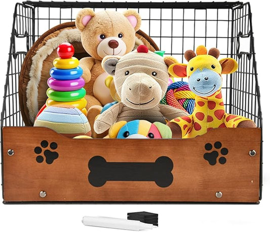Dog Toy Basket Large – Metal & Wood Dog Toy Bin, Trapezoidal Dog Toy Box with Wide Opening, Farmhouse Dog Toy Storage Organizer for Blankets, Leashes & Accessories, Stylish Basket for Dog Toys