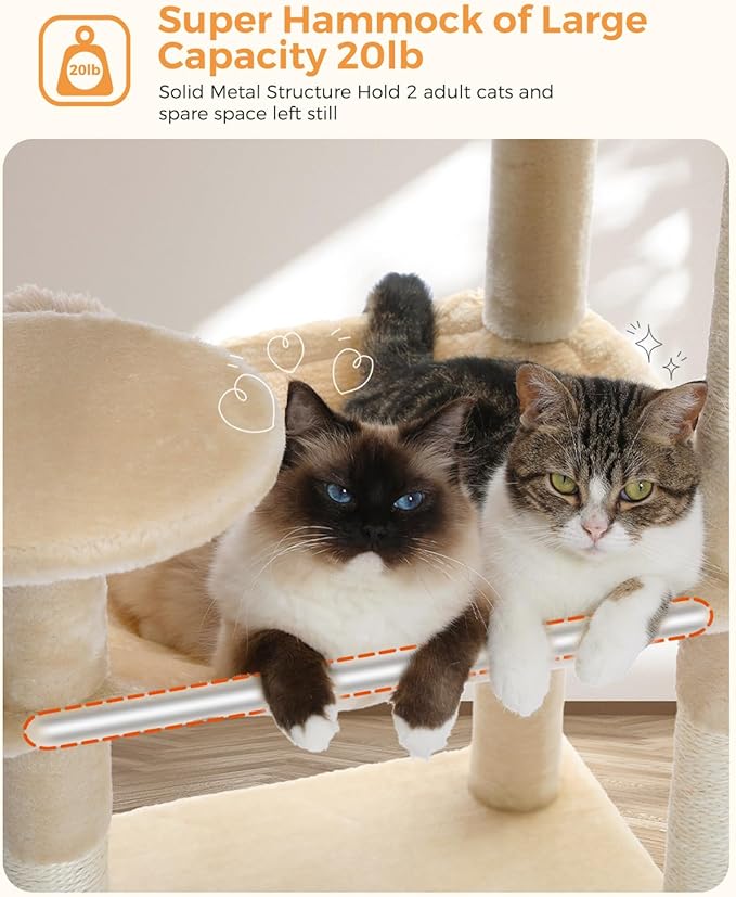 Cat Tree for Large Cats Adult with Metal Plush Big Hammock, 56.3" Cat Tower with 2 Door Condo House, 6-Tier Cat Shelves with Scratching Posts and Large Top Perch, Beige