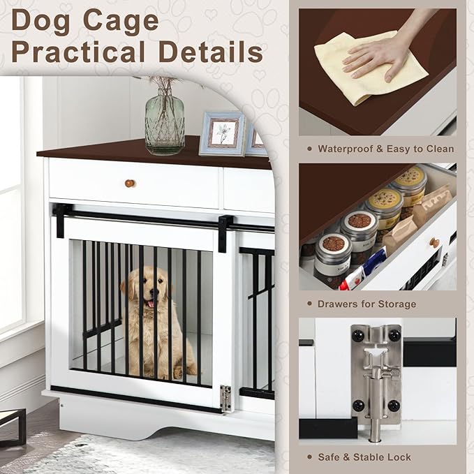 Dog Crate Furniture for 2 Dogs, Dog Kennel with 2 Storage Drawers & Divider, Large Double Dog Cage As TV Stand, Furniture Style Dog Crates with Sliding Barn Door (Brown & White)
