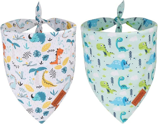 PTDECOR Dinosaurs Dog Bandana, Dinosaurs Design Reversible Pet Scarf Bib, Premium Durable Fabric, Adjustable White Green Bandanas for Small Dogs Puppies Cats(Small)