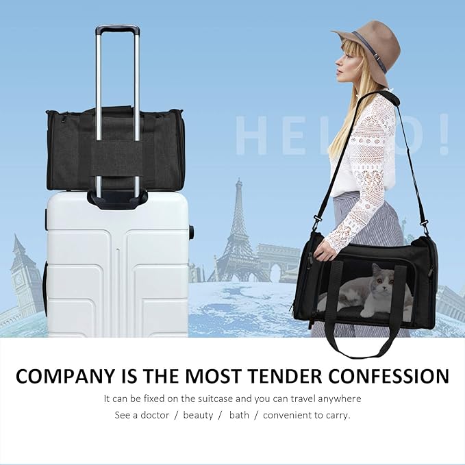Henkelion Cat Carriers Dog Carrier Pet Carrier for Small / Medium Cats Dogs Puppies (Up To 15lbs), TSA Airline Approved Small Dog Carrier Soft Sided, Collapsible Waterproof Travel Puppy Carrier -Black