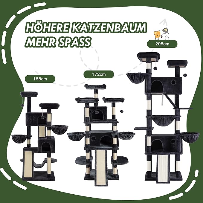 MUTICOR 81 inches Multi-Level Tall Cat Tree Tower for Indoor Kitties/Large Climbing Tree House for Big Feline/Condo/Sisal Scratching Posts/Plush Perches Platforms/Basket Hammock/Dark Grey