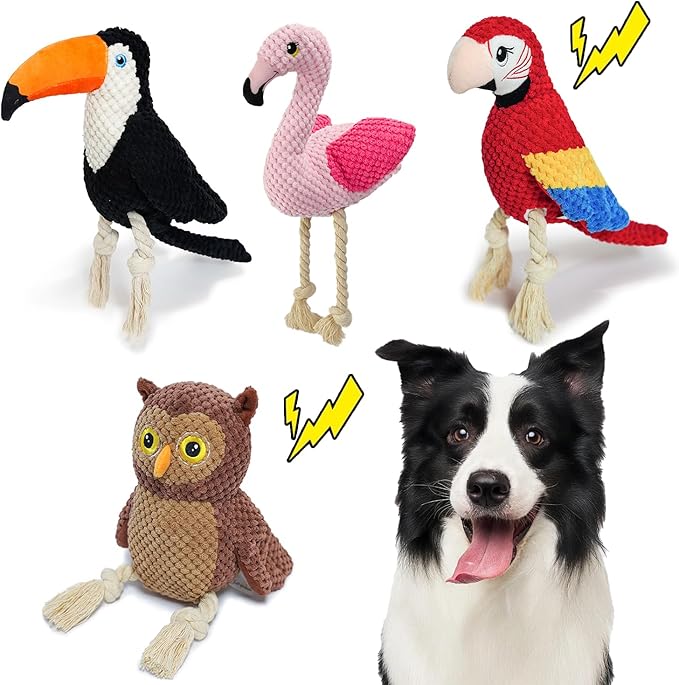 4-Pack Squeaky Dog Toys for Small Medium Large Dogs Interactive Rope Plush Dog Toys Set Flamingo, Parrot, Toucan, Owl Stuffed Puppy Toys for Teething, Anxiety Relief Perfect for Aggressive Chewers