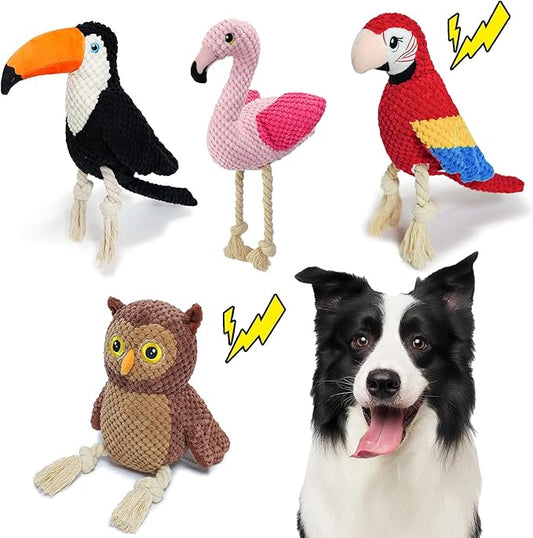 4-Pack Squeaky Dog Toys for Small Medium Large Dogs Interactive Rope Plush Dog Toys Set Flamingo, Parrot, Toucan, Owl Stuffed Puppy Toys for Teething, Anxiety Relief Perfect for Aggressive Chewers