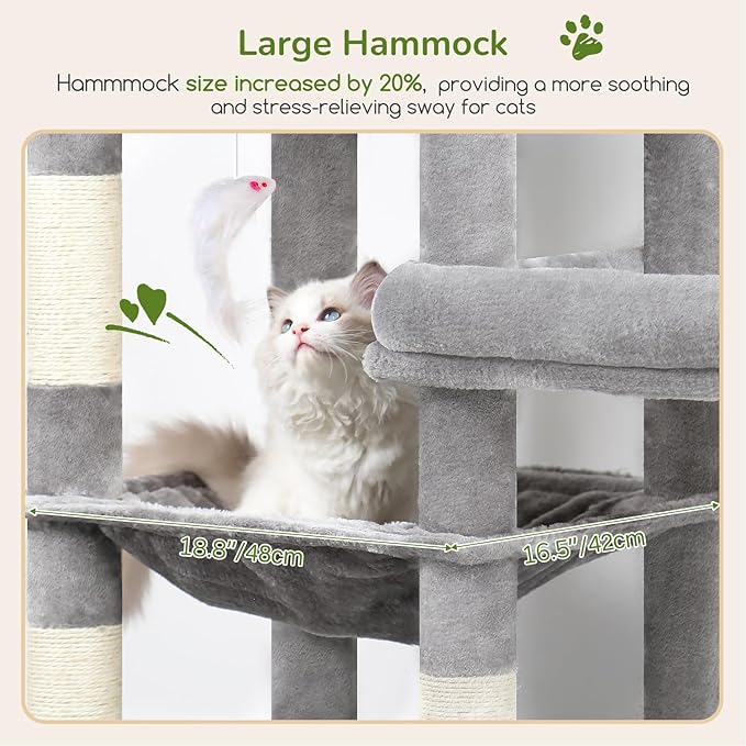 Globlazer Extra Large Platform Cat Tree, 65in Sturdy Cat Tree for Indoor Cats Large Adult, Big Cat Tower for Big Cats with 3 Enlarged Perches, 6 Scratching Posts, Cat Condo, Hammock, S65, Light Grey