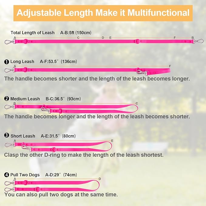 Wisedog Waterproof Dog Leash – 5ft/6ft Adjustable with 2 Hooks & Traffic Handle, Easy to Clean Double Clip Leash for Small, Medium, Large Dogs (Rose Violet,S)