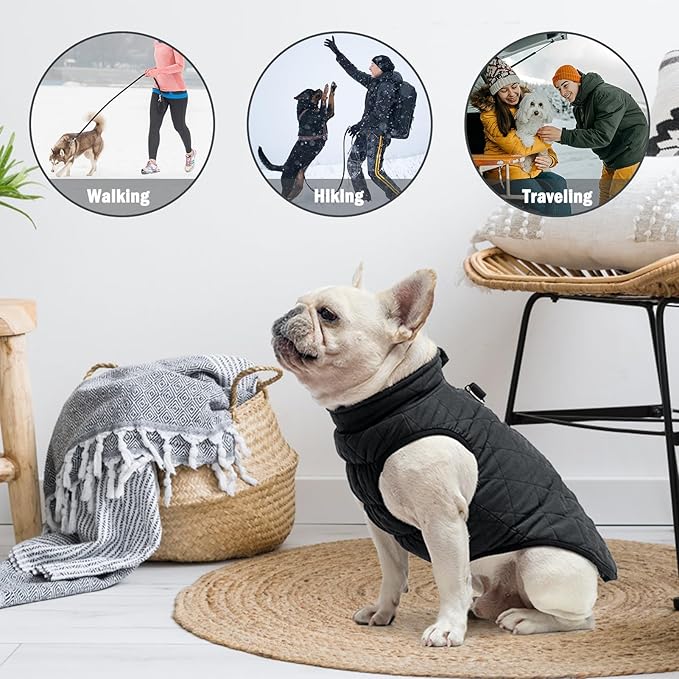 SCENEREAL Winter Dog Vest Coat with Built-in Harness, Warm Puppy Jacket for Small & Medium Dogs, Cold Weather Coat with Zipper, Fleece Puffer Vest, Windproof Snow Clothes