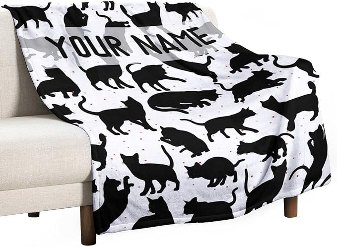 Personalized Cat Blanket Gifts with Name - 60"x80" Cute Throw Blanket for Adults Kids - Black Soft Plush Throws for Bed, Couch & Travel