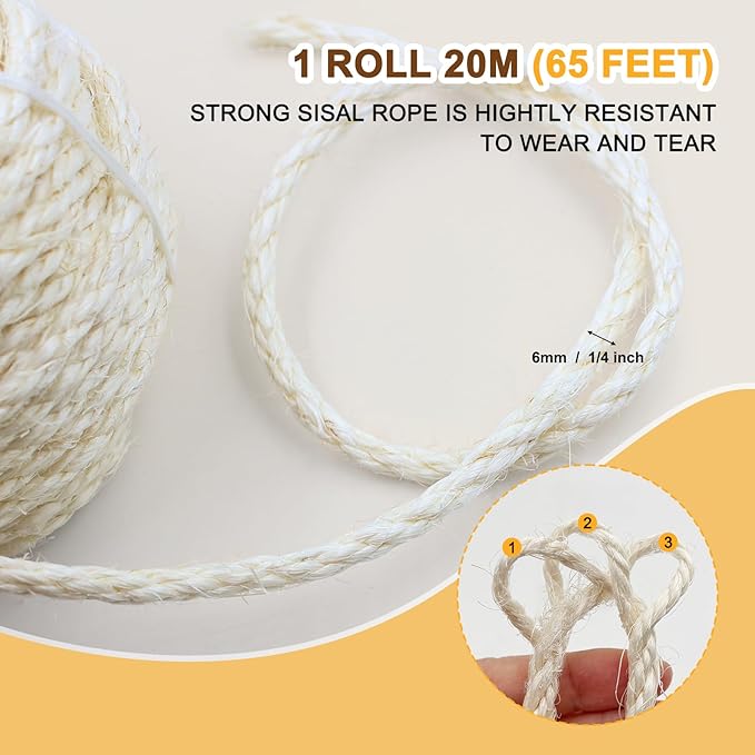 Sisal Rope for Cat Scratcher, Cymuber 6mm Cat Sisal Rope for Replace Scratching Post and Scratcher Repair, DIY Hemp Twine for Tree Tower Carpet Mat Kicker House Pet Toy and Crafts(65-Feet/20M)