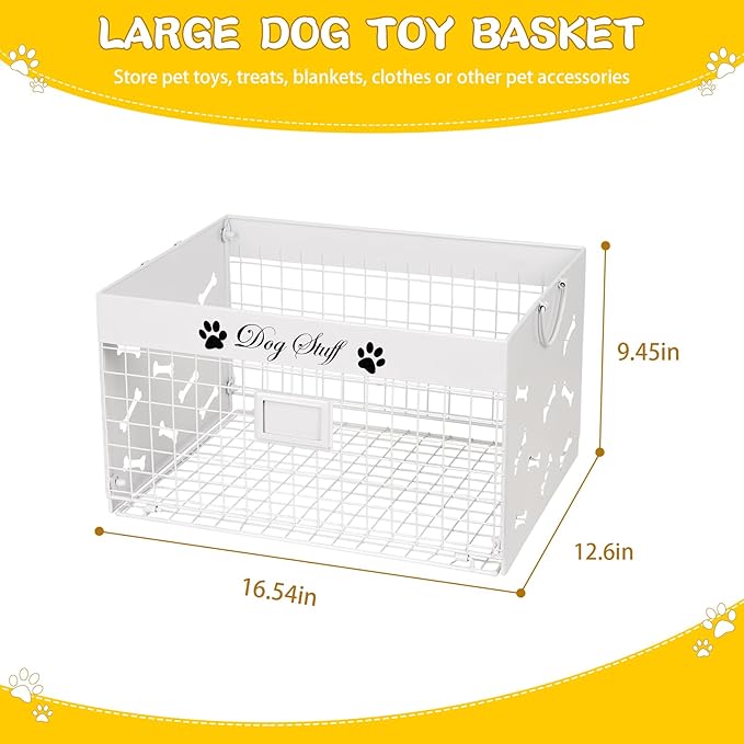 Dog Toy Basket - Large Dog Toy Box with Handles and Label Position Design for Living Room, Metal Dog Toy Bin Storage for Dogs Chew Pets Toys, Blankets, Clothes, Food (White)