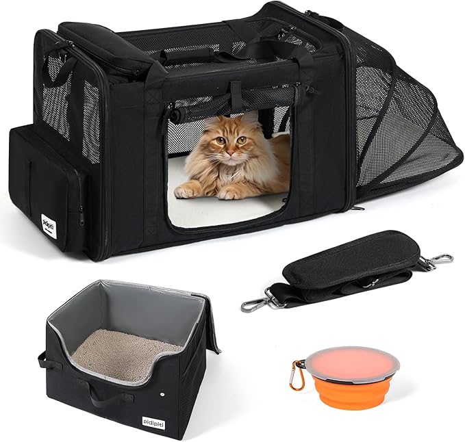 25''(L) x 17''(W) x 17''(H) Extra Large Expandable cat Carrier for car Travel,Soft Crate for 1 Large / 2 Medium Cats up to 35 lbs,Long Road Trip cage with a Leakproof Portable Litter Box