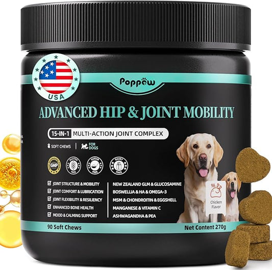 Advanced Dog Joint Supplement – 15-in-1 Glucosamine for Dogs with Chondroitin, MSM & Green Lipped Mussel – Hip & Joint Pain Relief Mobility Chews, Chicken Flavor, 90Ct Breeds