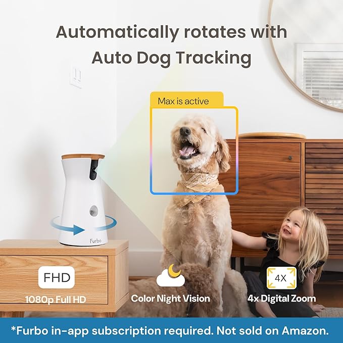 Furbo 360° Dog Camera: Pet Security Cam w/Barking Alerts, Rotating View, Treat Toss w/Phone App, Smart Home Puppy Monitoring, 2-Way Speaker, No Subscription Needed. Standard See, Talk, & Toss Features