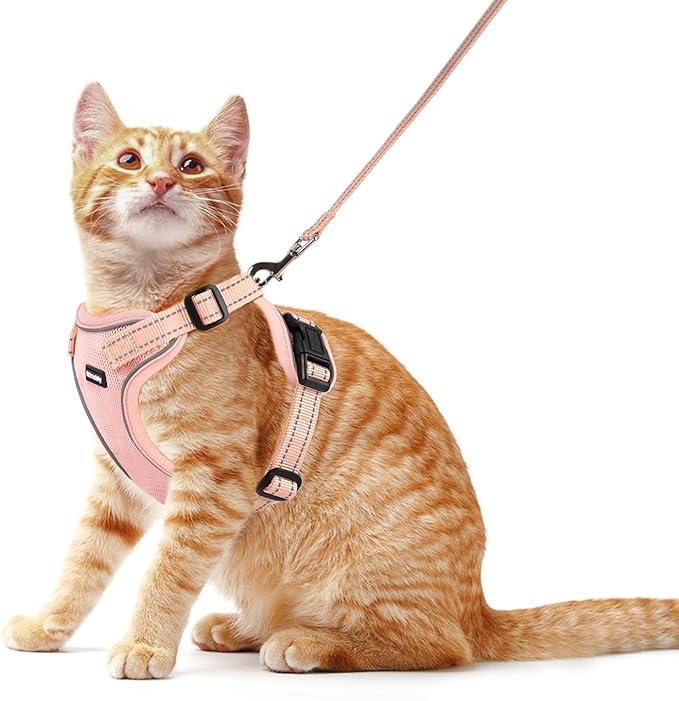 Rttochfy Cat Harness and Leash Set, Adjustable and Reflective Cat Vest, Escape Proof Kitten Harness, Easy to Put on with 3 Buckles for Cats Walking and Traveling (Pink, S)