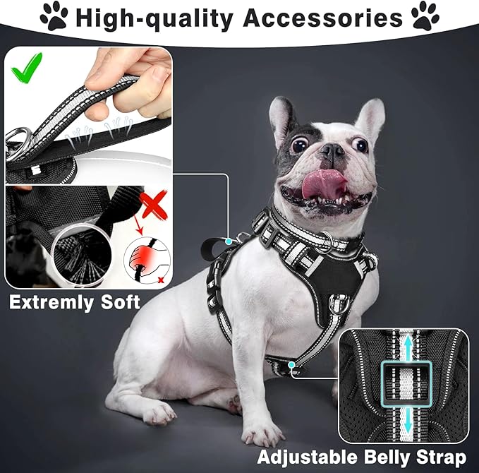WINSEE Pet Harness Collar and Leash Set, All-in-one Reflective Dog Harness No Pull with Adjustable Buckles for Puppies, Small, Medium, Large, and Extra-Large Dogs (Large, Black)