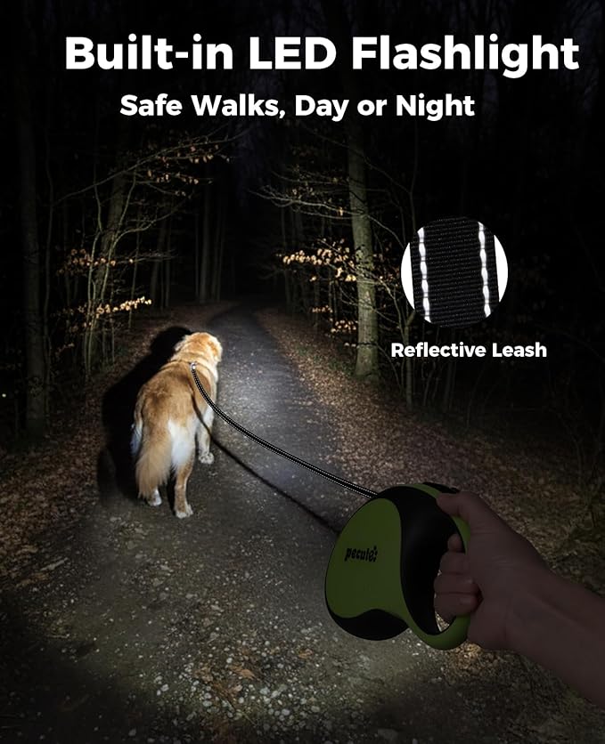 Retractable Dog Leash for Large Dog with Light Rechargeable, 16ft Heavy Duty Retractable Pet Leash with One-Button Control, Anti-Twist Protection, Reflective Leash for Large Dogs Up to 110 lbs