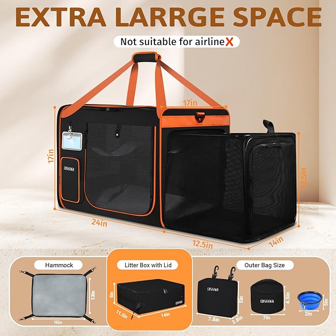 Petskd Side Expandable Extra Large Cat Carrier with Litter Box Area for Long Distance Car Travel,24"x17"x17" Collapsible Soft-Sided Large Pet Carrier with Zipper Locks for 2 Cats Under 55LBS(Black)