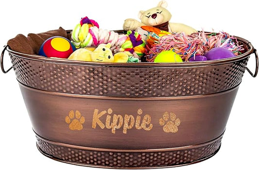 Personalized Metal Dog Toy Bin - Copper Galvanized Storage Bin with Handles, Basket for Pet Toys, Dog Toy Box, Pet Storage - Custom Dog Name Gift