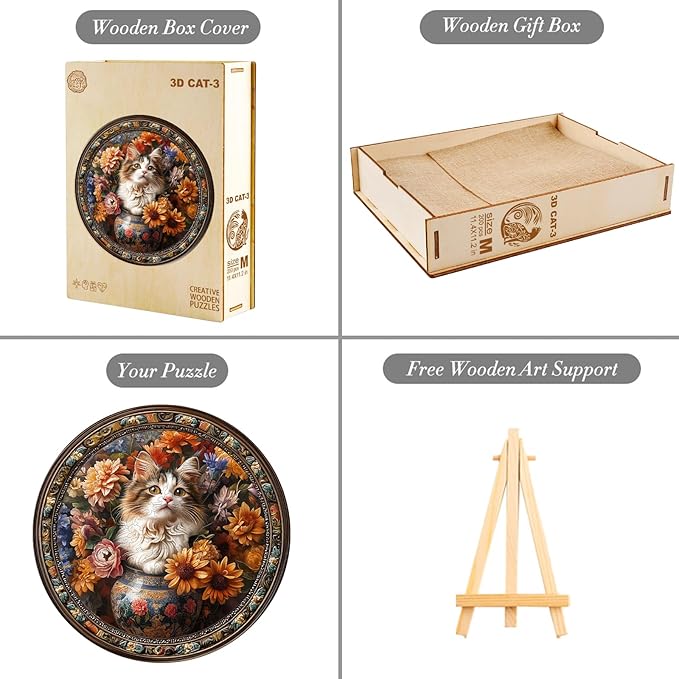 KAAYEE Wooden Puzzles for Adult, Beautiful Tricolor Cat 300 Piece Unique Animal Shape Puzzle, Cat Wood Puzzle for Adults, Creative Gifts for Friends/Family(13.4 * 13.4in)