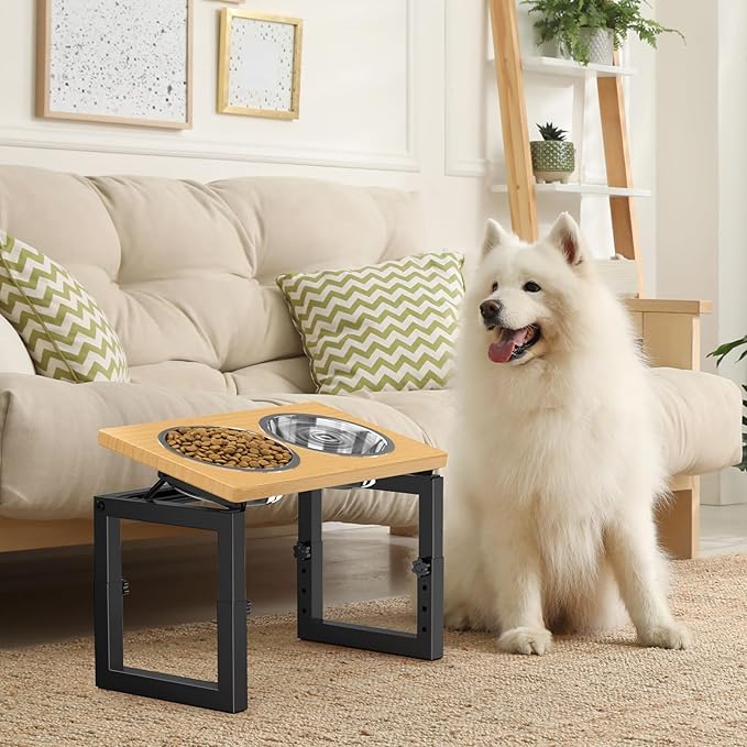 Dog Bowls Elevated, 4 Height & Angle Adjustable Raised Dog Bowl Stand, Elevated Dogs Bowl Stand for Medium Sized Pet, Sturdy Bamboo Dogs Feeding Station with 2X 48oz (6cup) Stainless Steel Dishes