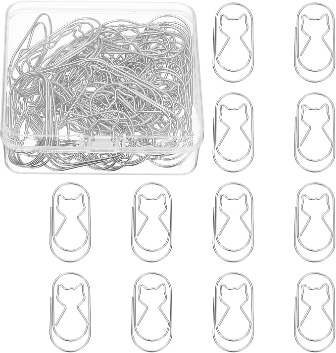 PATIKIL 50 Pcs Cat Shape Paper Clip, Metal Cute Small Paper Clamp Clips for Office Supplies Craft Scrapbook Document Note Sorting, Electroplating, Silver