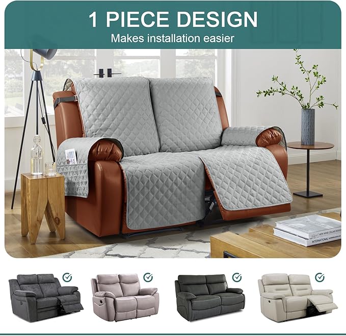 Ruaozz Waterproof Recliner Sofa Cover 1-Piece Couch Covers for Reclining Couches Reclining Sofa Cover Washable Furniture Protector with Elastic Straps Pocket for Kids, Pets (Light Grey, 2 Seater)