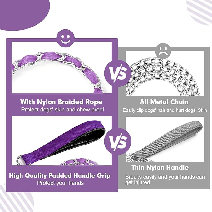 Heavy Duty Metal Dog Leash, Chew Proof Dog Chain Leash with Comfortable PU Leather Padded Handle, Metal Chain and Nylon Rope Leash for Medium Large Pooch Walking Training (6ft 3.0mm Purple)