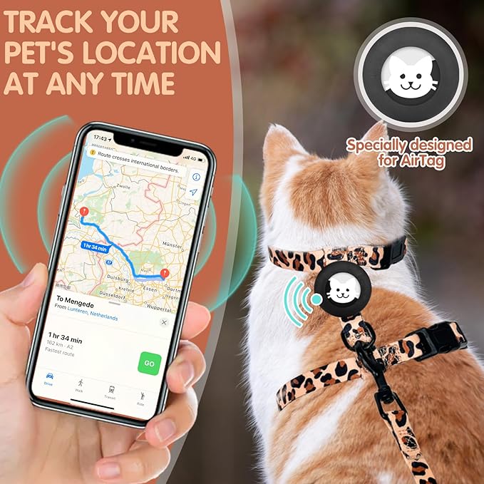 BINGPET Cat Harness and Leash Set Escape Proof for Walking,Adjustable Kitten Harness with Airtag Holder for Small Medium Large Cats (Classic Leopard Print,Neck:8"-12",Chest:12.5"-18")