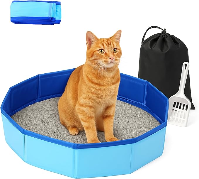 Portable Travel Litter Box for Cats with Scoop & Storage Bag – Foldable, Waterproof, Lightweight Cat Litter Tray for Car, Airplane, Camping, Indoor & Outdoor Use, 19.7" Diameter