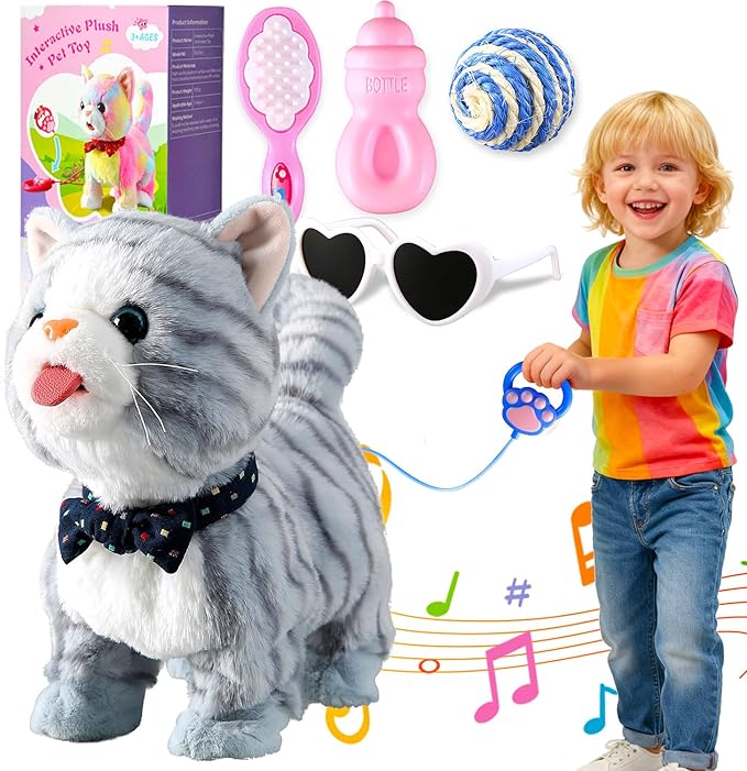 Gray Leash Walking Cat Set Toy Interactive Talking Cat Singing Dancing Kitten Mimicking Repeat What You Say Kitty Touch and Voice Control Nodding Wagging Tail Plush Electric Robot for Kid Girl