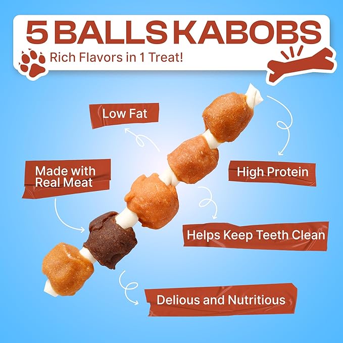 PETPHABET Dog Kabobs Treats - 5 Flavors Training Snacks, Healthy Puppy Chews for Small Medium Large Breeds, Made with Chicken, Sweet Potato, Duck, Cheese & Rawhide Sticks 14oz