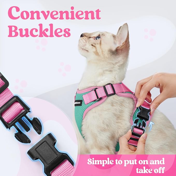 rabbitgoo Cat Harness and Leash Set, Escape Proof Soft Adjustable Vest Harnesses for Outdoor Walking, Easy Control Breathable Kitten Jacket with Reflective Strips, Green & Pink, XXS