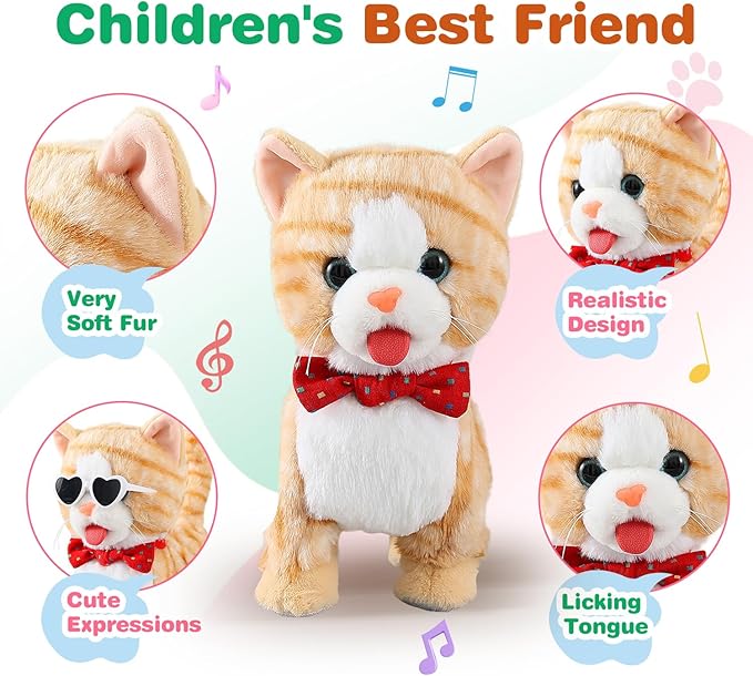 Yellow Pattern Leash Walking Cat Set Interactive Talking Toy Singing Dancing Kitten Mimicking Repeat What You Say Kitty Touch and Voice Control Nodding Wagging Tail Plush Electric Robot for Kid Girl