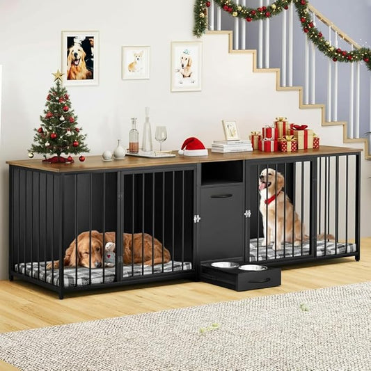YITAHOME Double Dog Crate Furniture 94.5 inch with Feeder Bowls, Large Breed Dog Kennel with Divider and Storage Drawer, Heavy Duty Dog House TV Stand Indoor for 2 Large/Medium Dogs, Black