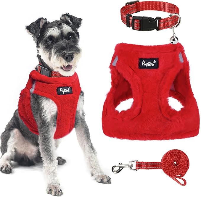 PUPTECK Adjustable Dog Harness Collar and Leash Set Step in No Pull Pet Harness for Small Medium Dogs Puppy and Cats Outdoor Walking Running, Soft Mesh Padded Reflective Vest Harnesses, Red S