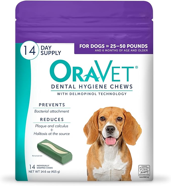ORAVET Dental Chews for Dogs, Oral Care and Hygiene Chews (Medium Dogs, 25-50 lbs.) Purple Pouch, 14 Count