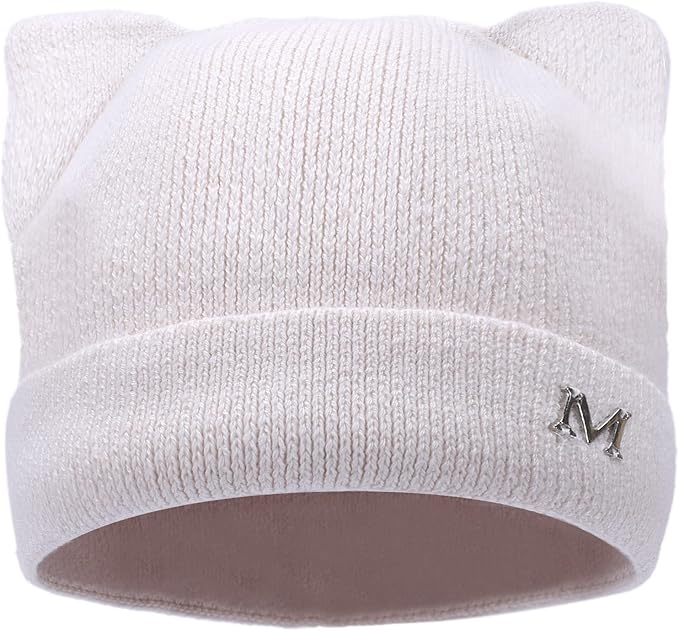 Cat Ear Beanie for Women Girls, Autumn Winter Knit Cuff Beanie Hip Hop Beanie Hat Cat Crochet Ski Cap