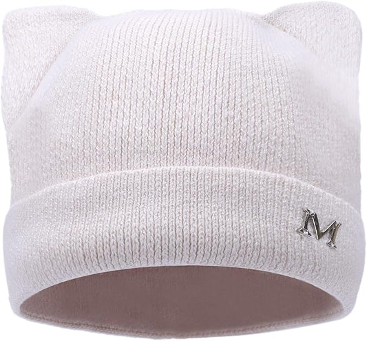 Cat Ear Beanie for Women Girls, Autumn Winter Knit Cuff Beanie Hip Hop Beanie Hat Cat Crochet Ski Cap