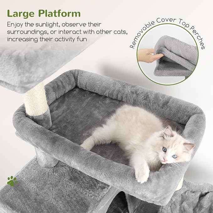 Globlazer Tall Cat Tower, 76 inch Multiple Level Cat Climbers for Indoor Cats, XL Cat Tree with 5 Scratching Posts, 2 Cat Condos, Hammock, 2 Hanging Baskets, F76B, Light Grey
