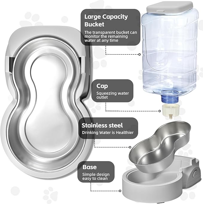 HWONMTE Portable Automatic Cat Feeder and Water Dispenser with Stainless Steel Bowl Dog Gravity Food Feeder and Waterer for Small Medium Pets Puppy Kitten 1 Gallon x 2 (Silver Gray)