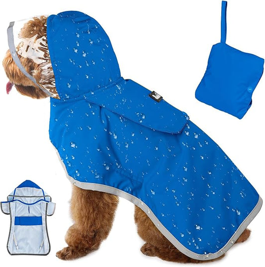 Lukovee Dog Raincoat, Adjustable Dog Rain Jacket with Clear Hooded Double Layer for Large Medium Small Dogs Puppies, Waterproof Rain Coat Poncho with Reflective Storage Pocket & Rim (Blue, XS)