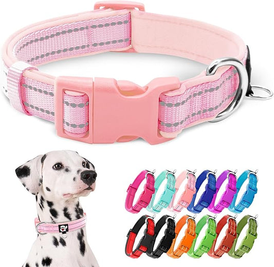 azuza Reflective Dog Collar,Soft Neoprene Padded Pet Collar with ID Tag Ring,Adjustable for Large Dogs,Pink,L