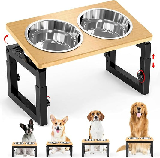 Dog Bowls Elevated, 4 Height & Angle Adjustable Raised Dog Bowl Stand, Elevated Dogs Bowl Stand for Medium Sized Pet, Sturdy Bamboo Dogs Feeding Station with 2X 48oz (6cup) Stainless Steel Dishes